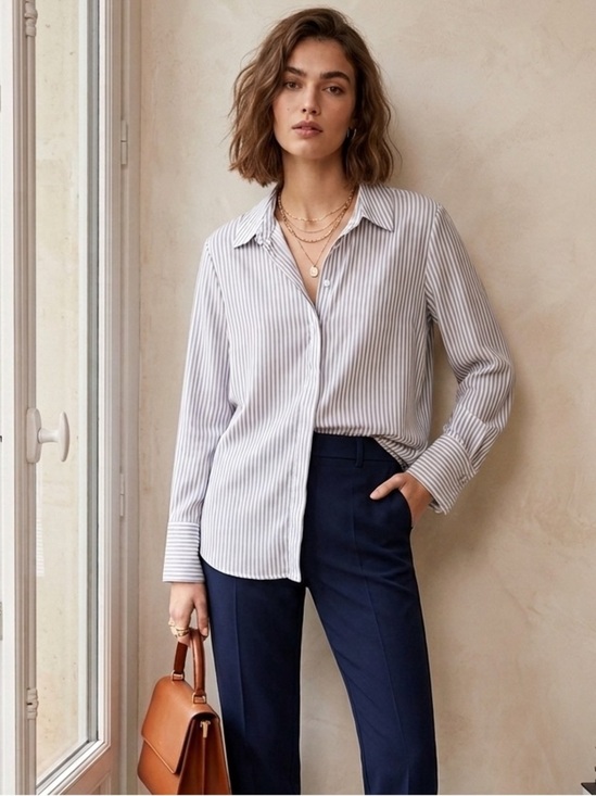 Simply Styled Tops - NWOT Simply Styled Women's Vertical Stripe Button Down Shirt White & Gray Sz S